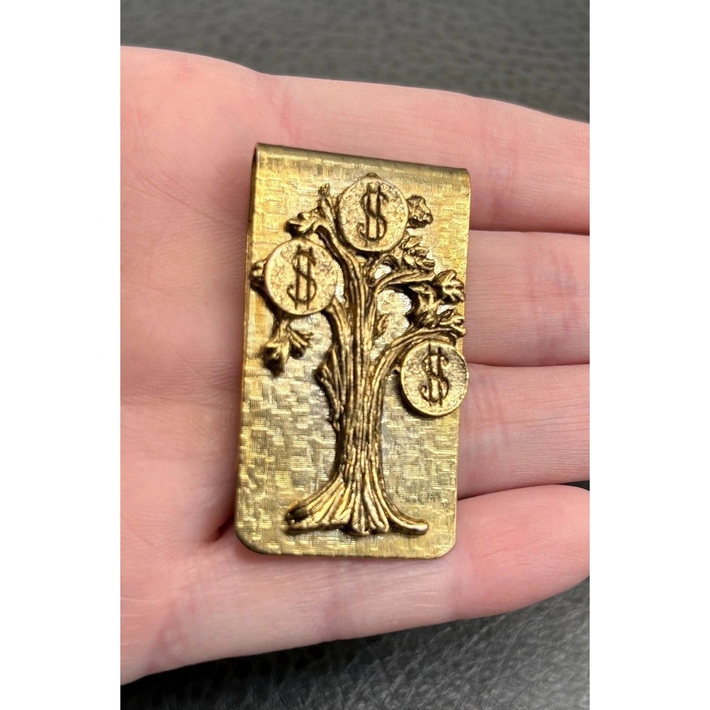 Vintage Money Tree Money Clip Dollar Sign Coins Design Gold Tone